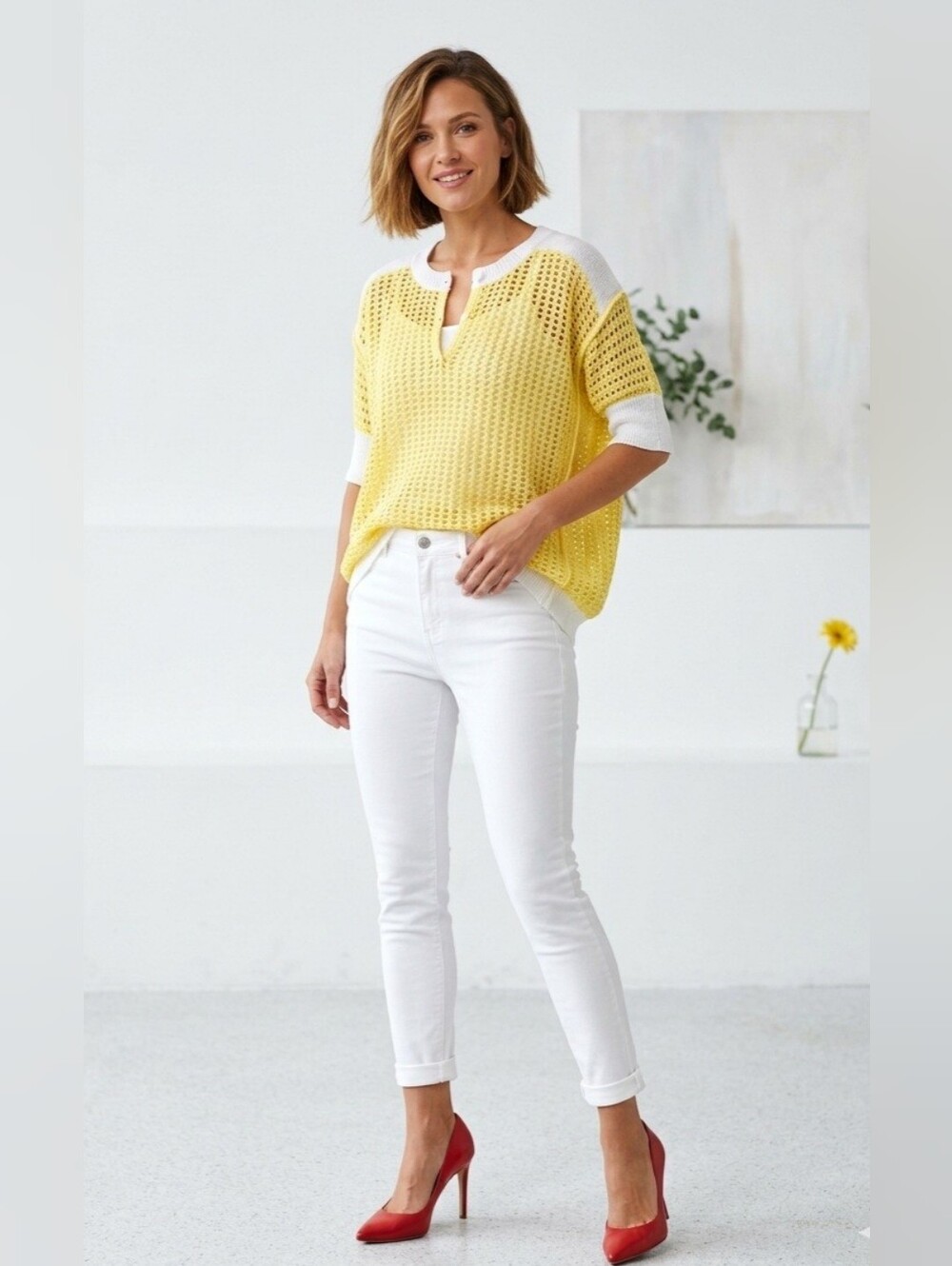 CAROLE CHRISTIAN | Open-Knit Cotton Summer Sweater in Yellow and White